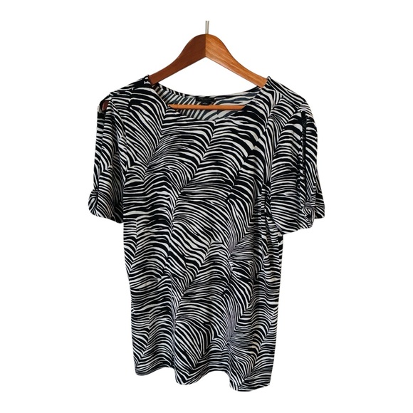 Ann Taylor Factory Classic Black White Zebra Print Slit Twist Sleeve Top Large - Picture 3 of 8